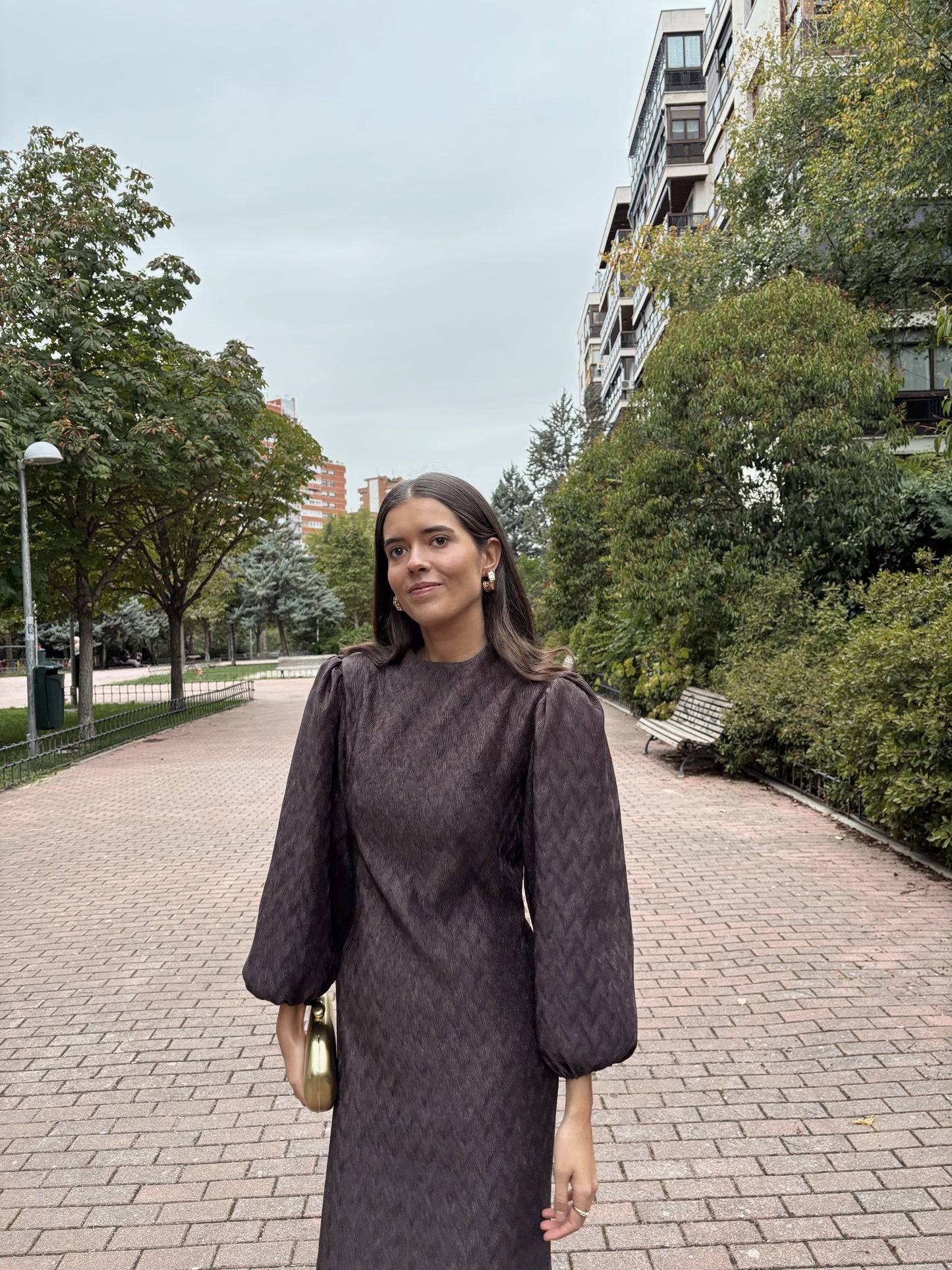 Vestido Manga Abullonada marrón