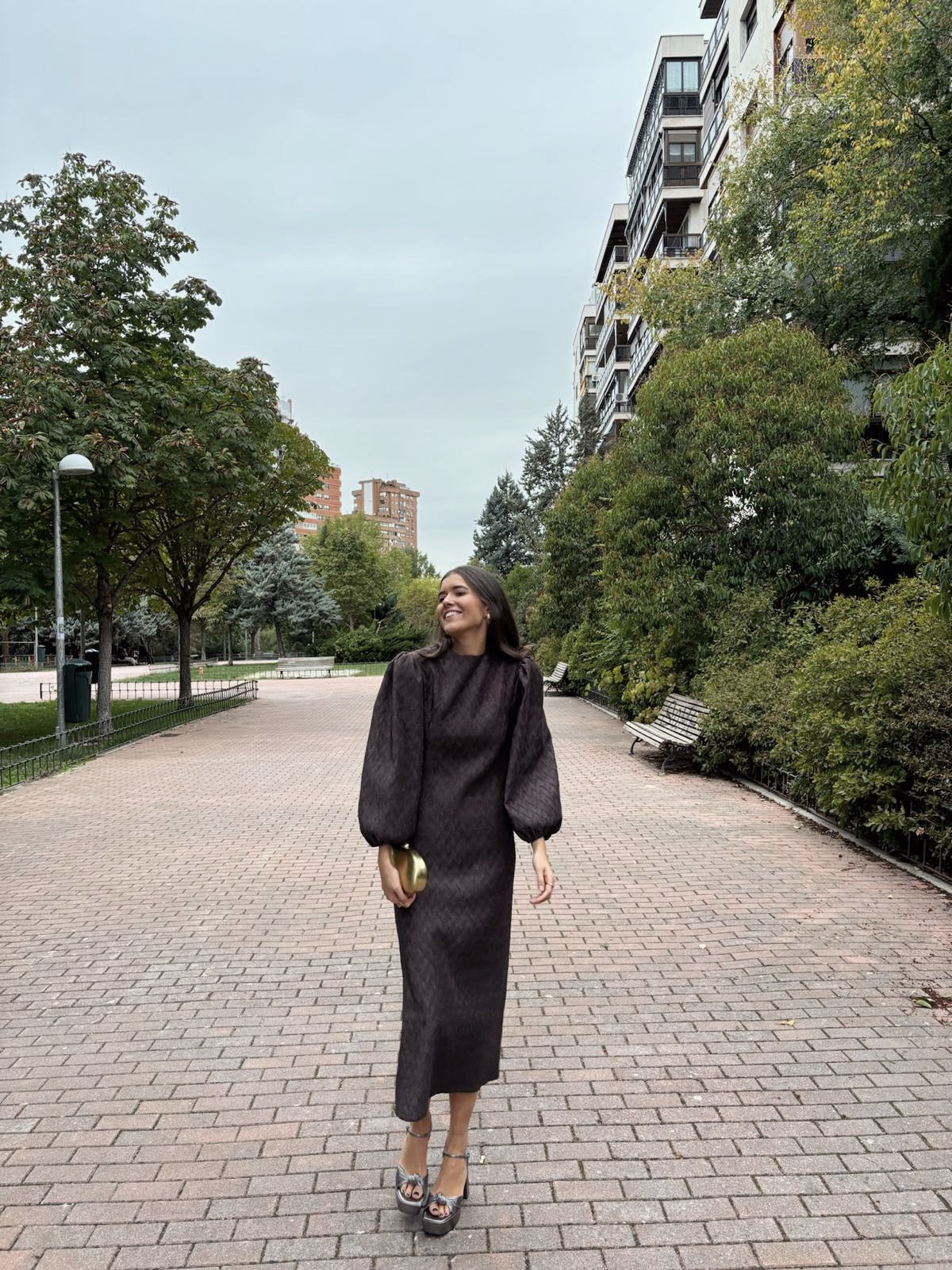 Vestido Manga Abullonada marrón