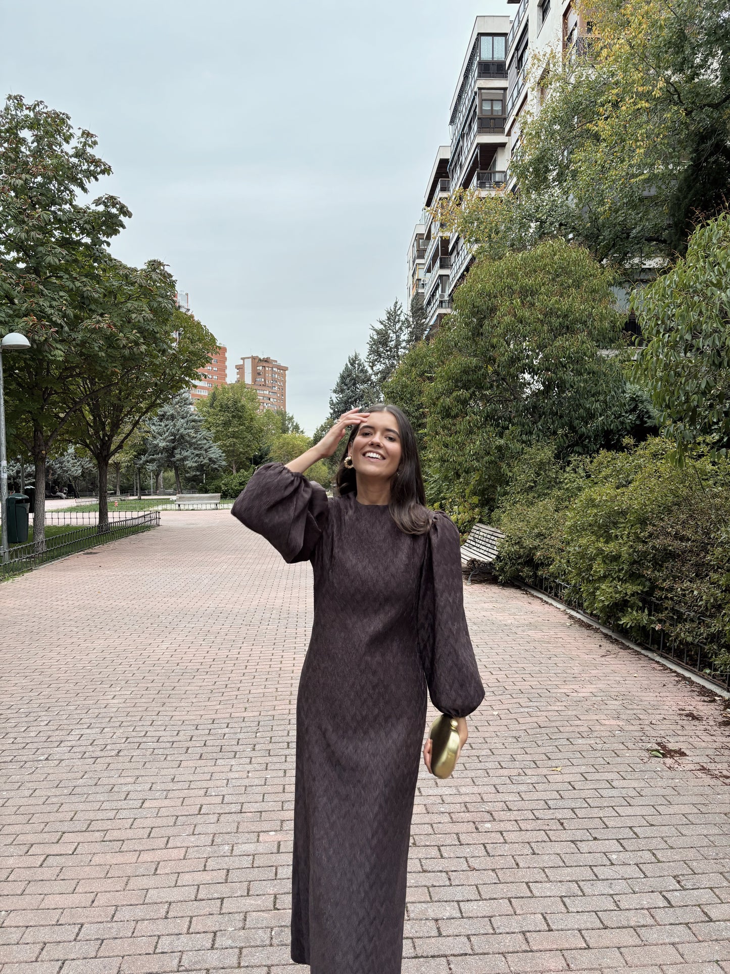 Vestido Manga Abullonada marrón